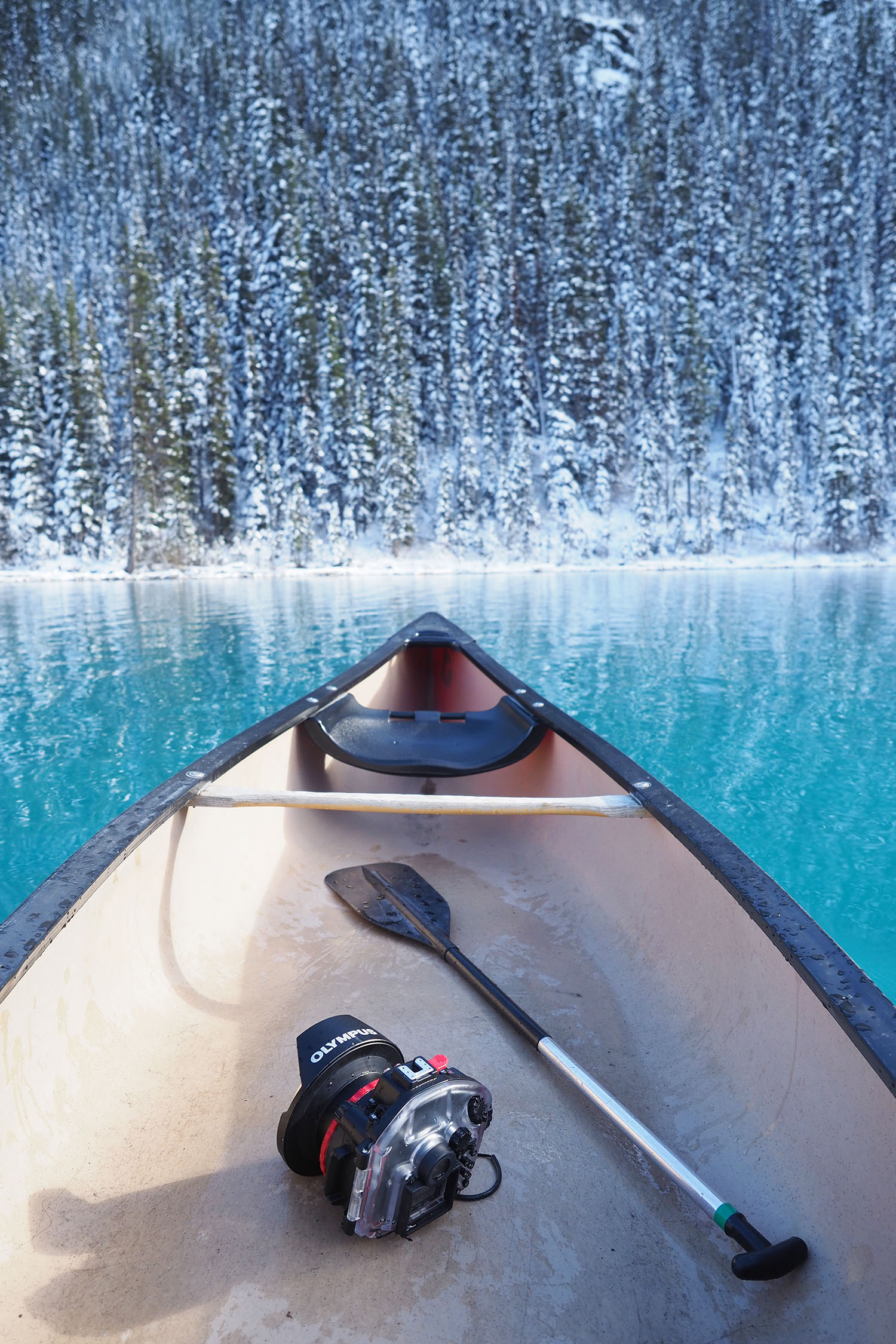 Photographie-depuis-un-canot-sur-le-lac-Louise-Canada